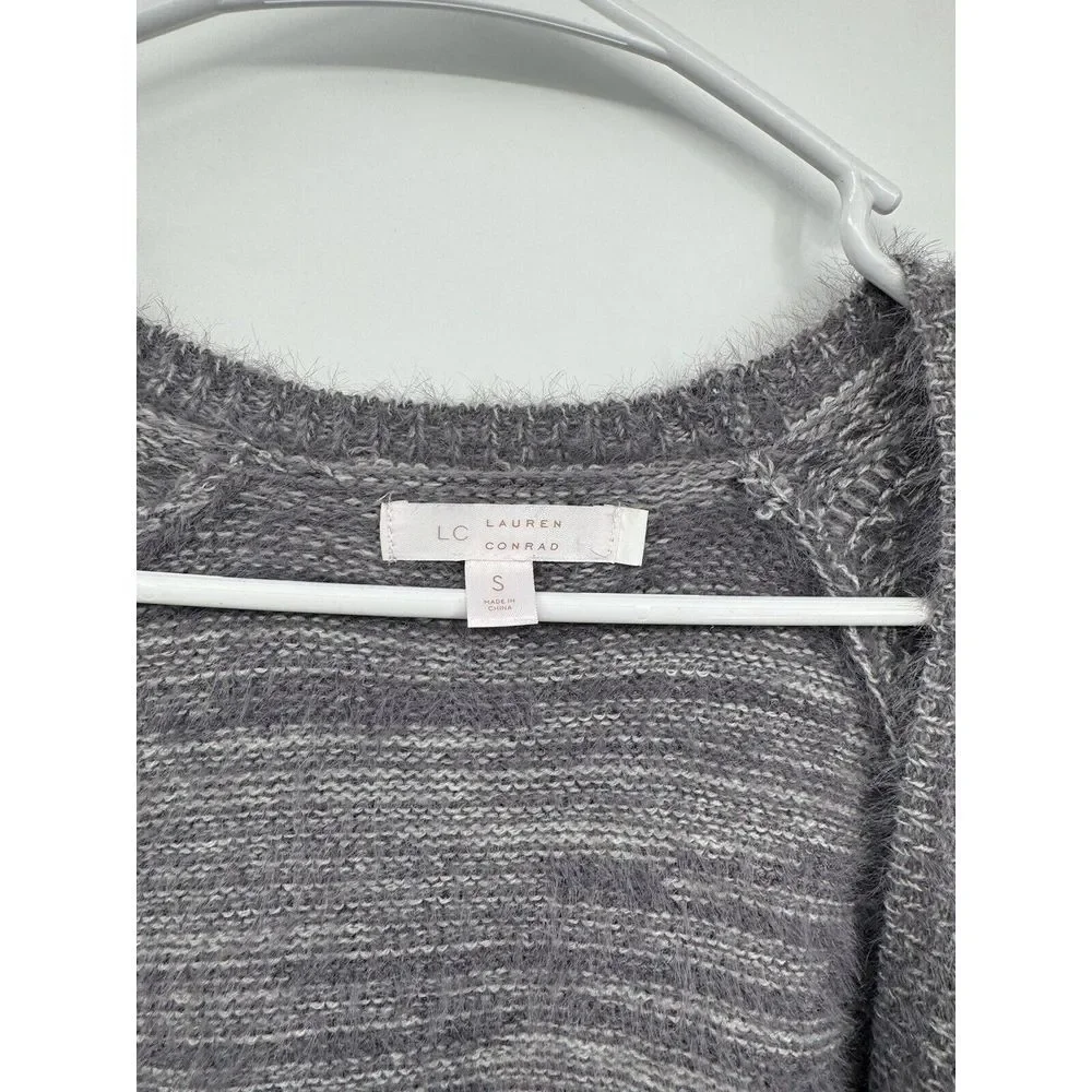 LC Lauren Conrad Small Cardigan Women Grey Fuzzy Space Dye Open Front‎ Sweater